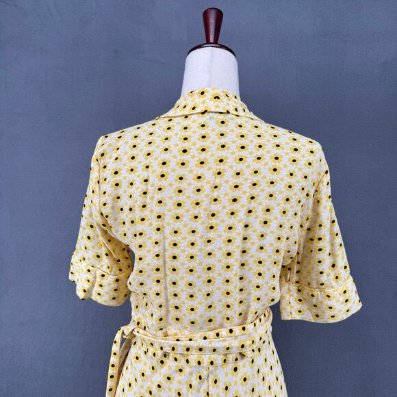 Ganni Crepe Yellow Daisy Floral Midi Wrap Dress 40 V Neck Viscose Tie Waist - Picture 8 of 14